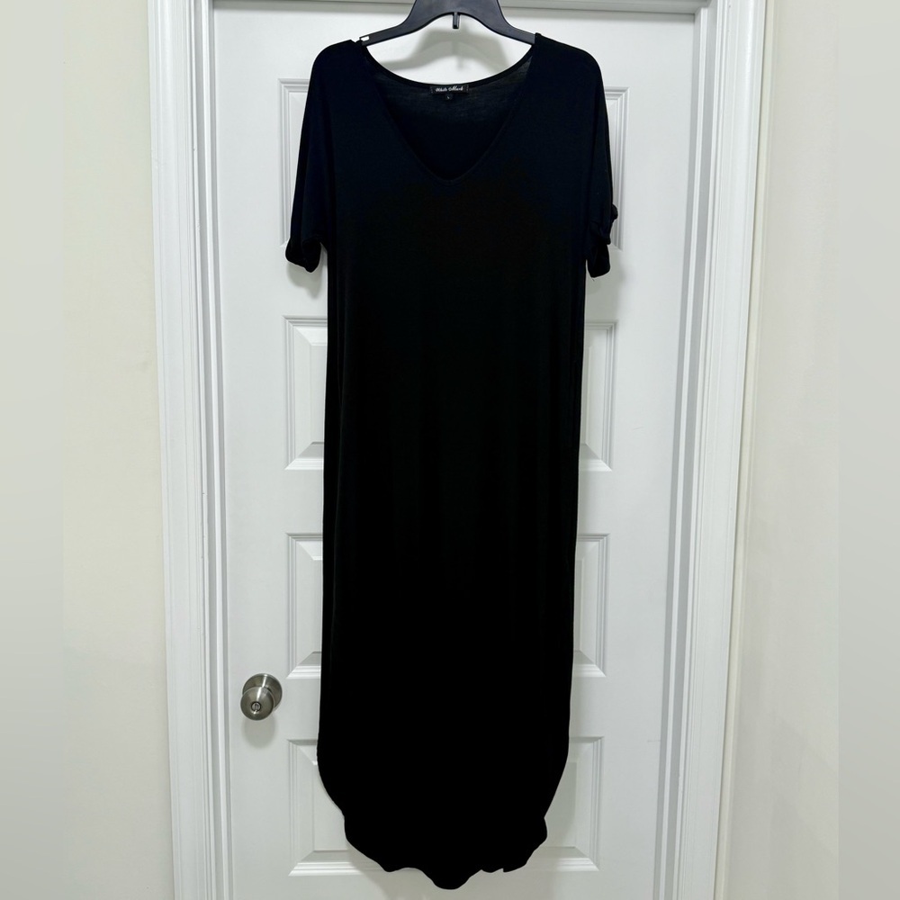 Black V-Neck Maxi Dress Pockets Stretch Knit Size Large Summer Minimalist